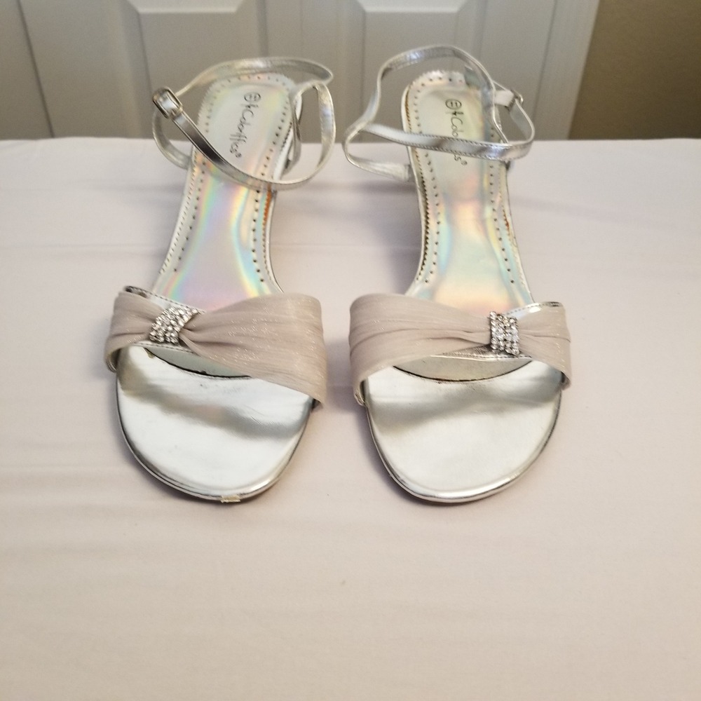 Coloriffics Silver Metallic Kitten Heel Sandals Rhinestone Bow Ankle Strap 11